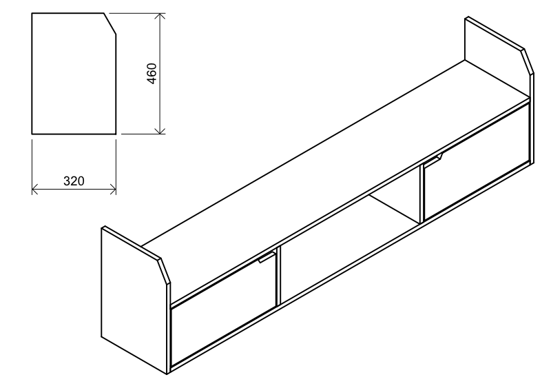Mmh Furniture horizontal cabinet illustration and side dimensions